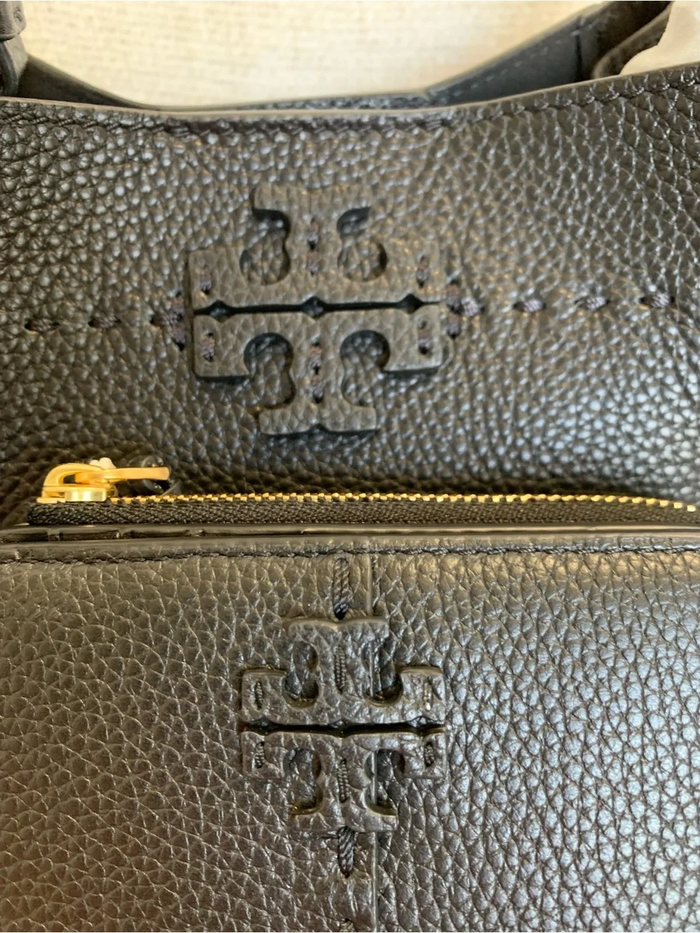 Tory Burch Mcgraw Black Pebbled Leather Small Bucket Tote Bag + Bi-fold Wallet